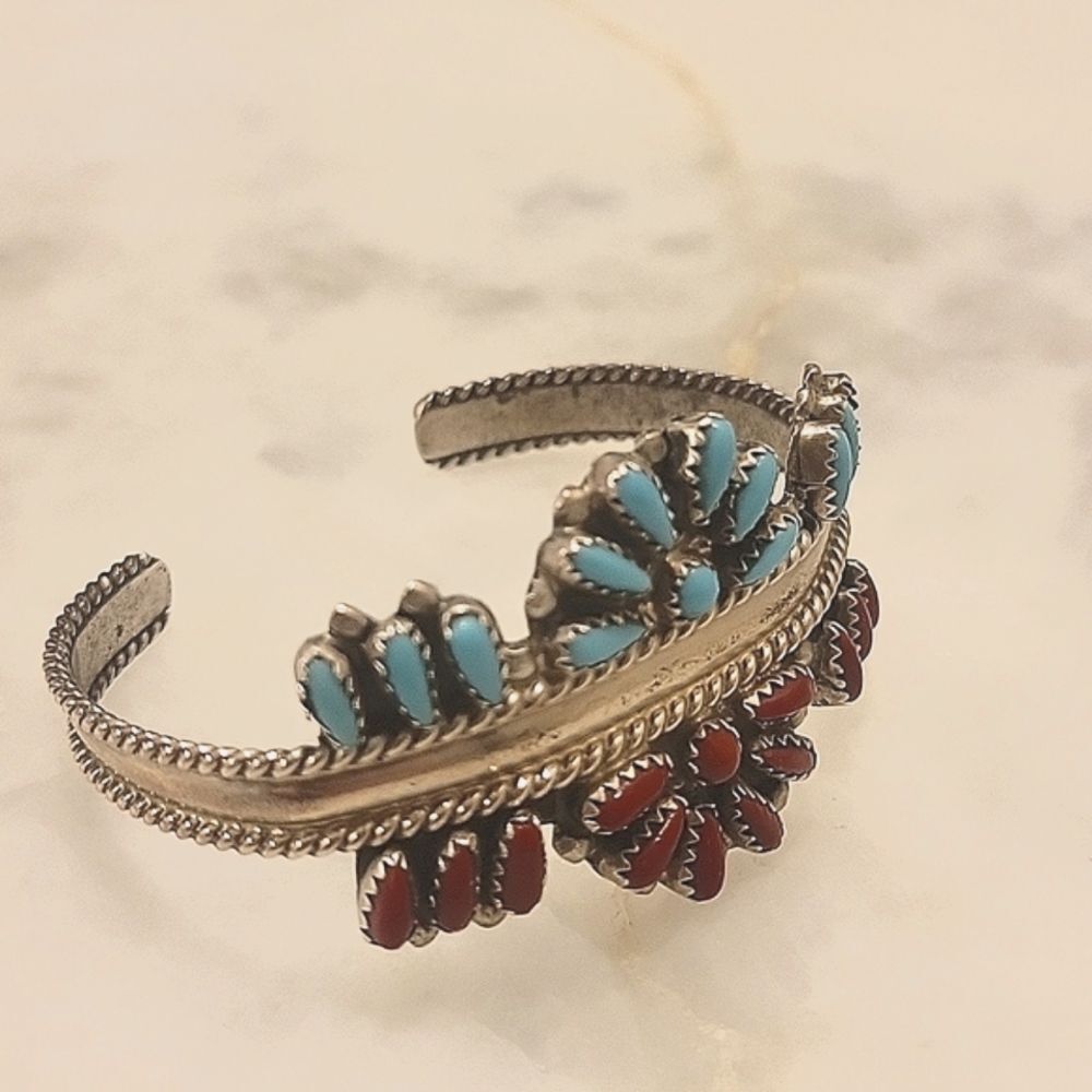 Signed Navajo Dewey Janette DJ Sterling Native Zuni Turquoise Coral Bracelet VTG - Picture 2 of 16